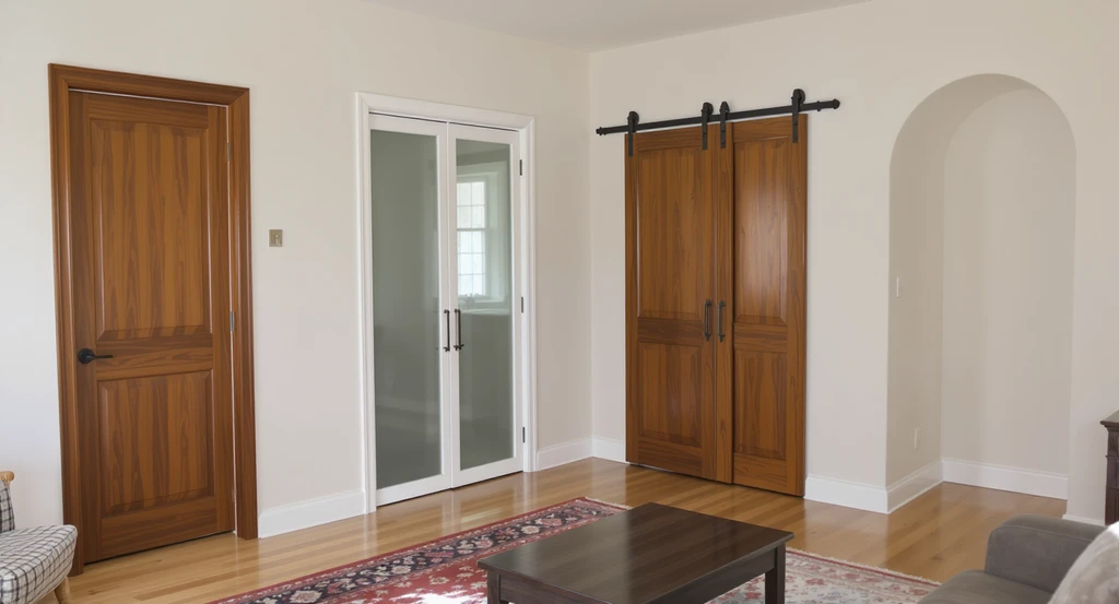 Photorealistic small room showing four best diagonal corner doorway types: 45° inset door, glass bi-fold, double barn doors at 90°, and arched opening, all with decorative molding and storage solutions.