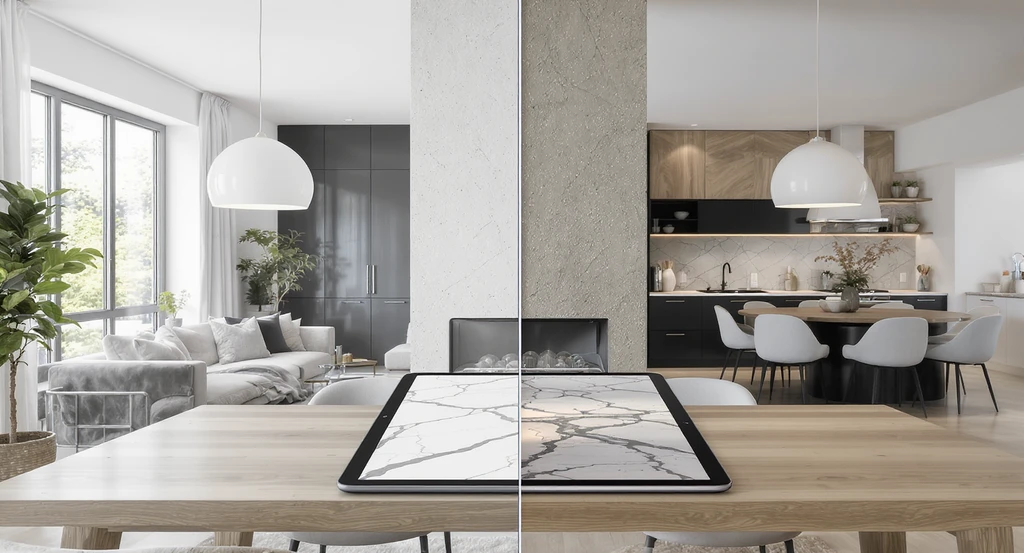 Preview how to decorate a structural pillar between rooms using creative pillar design ideas and best materials, shown in an open concept space with visualization tool options.