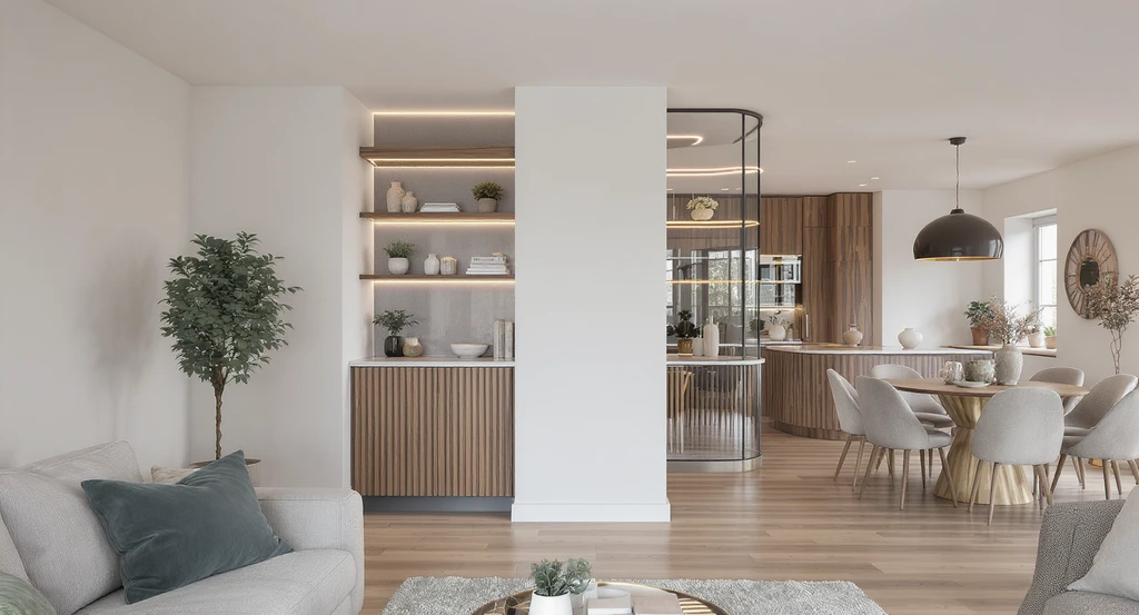 How to decorate a structural pillar between rooms: creative pillar design ideas for open concept spaces. Camouflage techniques for living room columns using matching paint, mirror cladding, integrated shelves, fluted wood panels, LED accent lighting, and tall plant accents. Best materials for wrapping interior pillars.