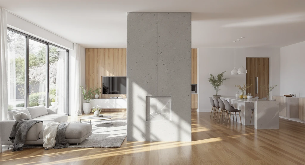 How to decorate a structural pillar between rooms: open concept living and dining areas divided by an unfinished support column, highlighting creative pillar design ideas for open spaces.