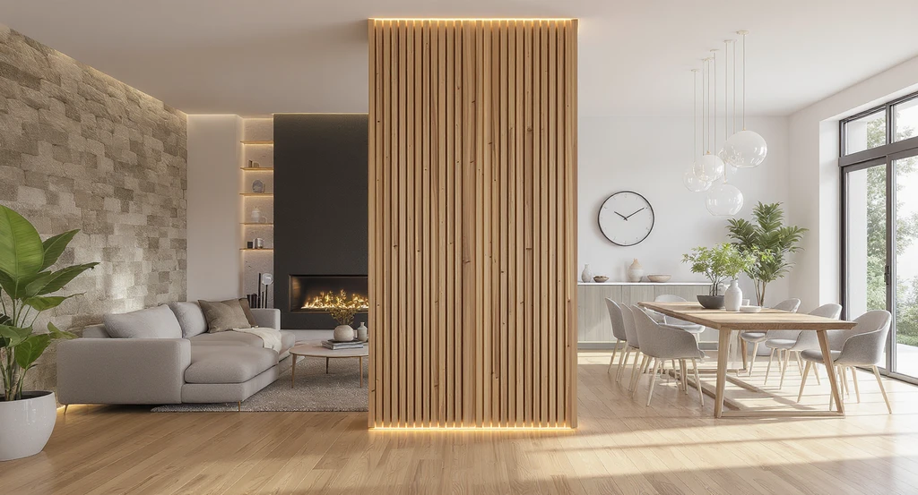 Open concept living and dining room showing how to decorate a structural pillar between rooms using creative pillar design ideas and best materials for wrapping interior columns.