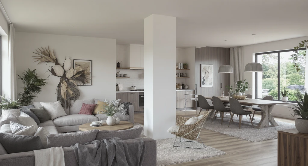 Open concept living and dining space with an awkward, poorly decorated white pillar disrupting flow—shows how to decorate a structural pillar between rooms using creative pillar design ideas for open concept spaces and why camouflage techniques for living room columns and choosing the best materials for wrapping interior pillars are essential.