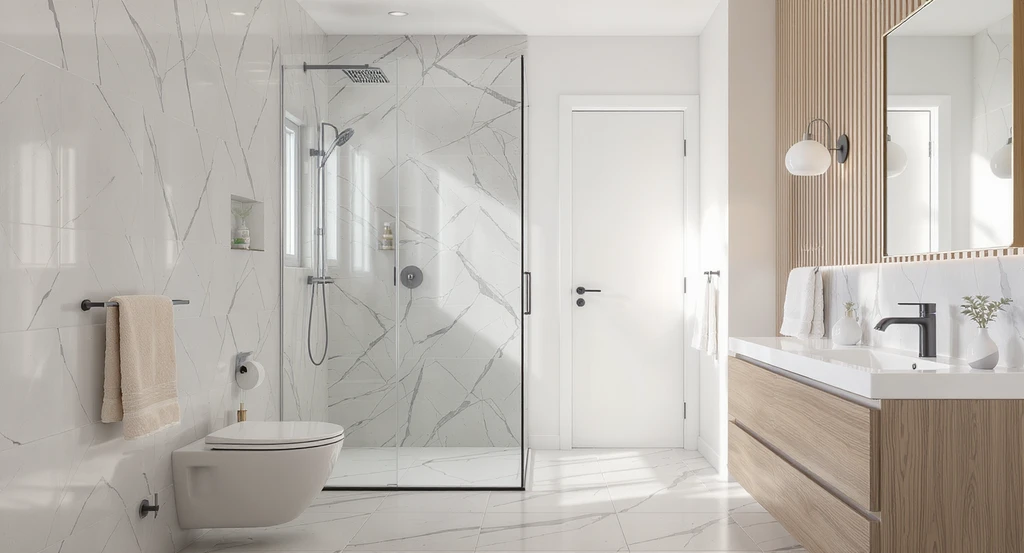 Modern bathroom showing best waterproof wall panels for bathrooms, with large-format PVC panels in wet zones, fluted WPC accent wall, and painted transition areas for practical, stylish panel design ideas.