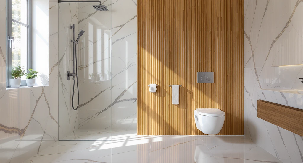 Best waterproof wall panels for bathrooms shown in a modern bathroom with seamless marble SPC panels in wet zones and fluted WPC accent paneling on a dry wall, illustrating bathroom accent wall panel options and modern bathroom panel design ideas.