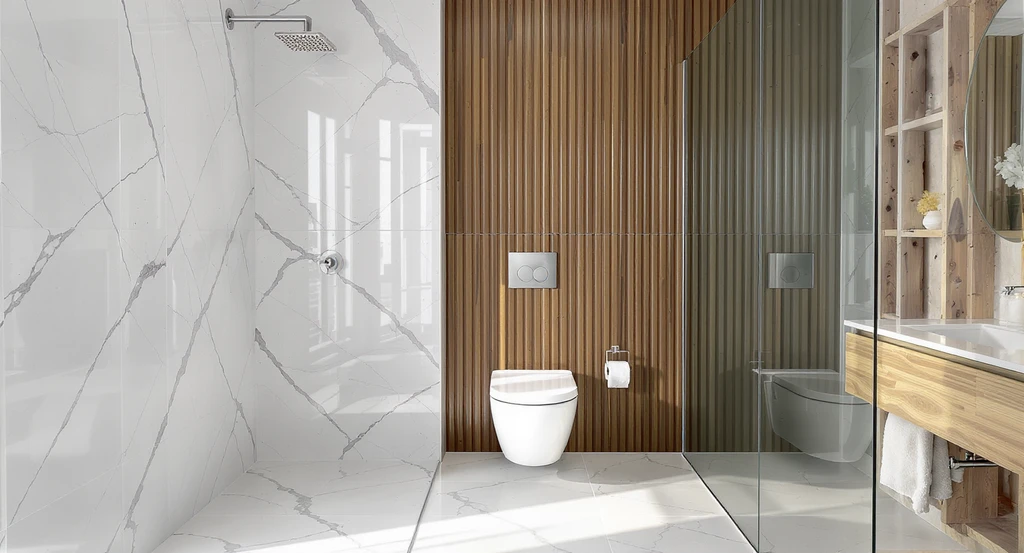 Best waterproof wall panels for bathrooms displayed in a modern setting, featuring SPC/PVC marble-look, fluted WPC, back-painted glass, and DIY click-system bathroom wall panel options.