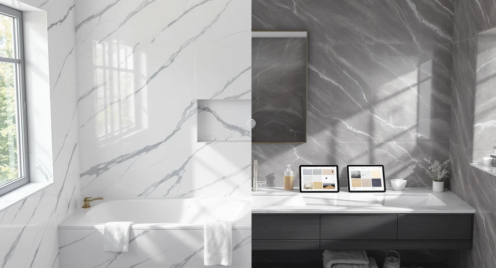 Modern bathroom design with best waterproof wall panels for bathrooms, showing digital visualization of panel choices, transitions, and accent wall options.