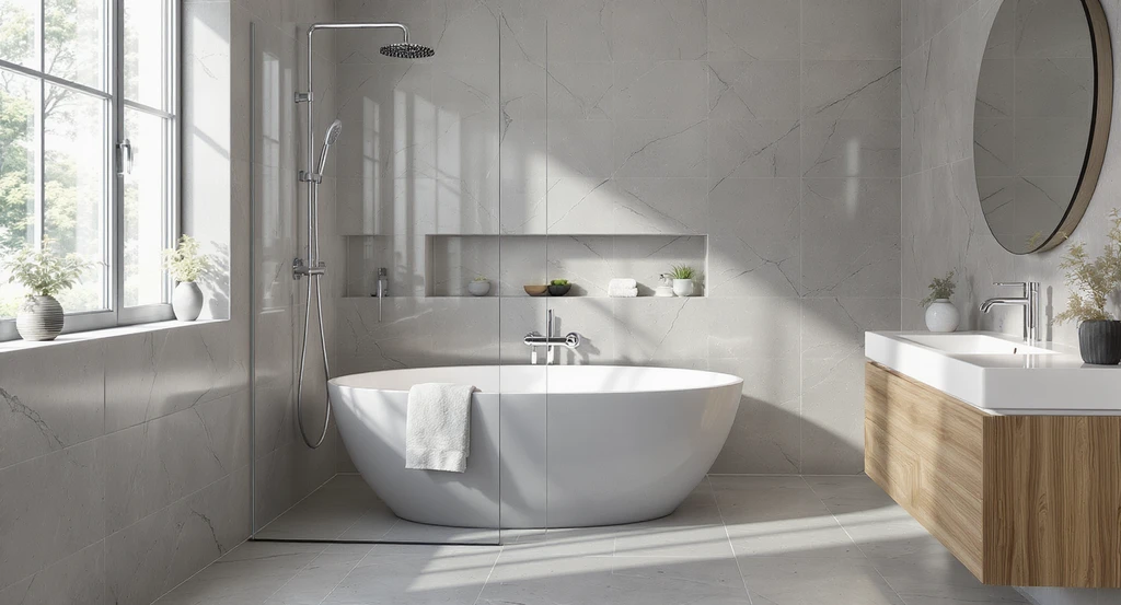 Modern bathroom with best waterproof wall panels, featuring stylish stone-textured panels, accent wall, and contemporary bathroom panel design ideas.