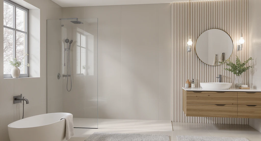 Modern bathroom with large waterproof wall panels, fluted panel accent, and glossy glass shower panels illustrating best waterproof wall panels for bathrooms and modern bathroom panel design ideas.