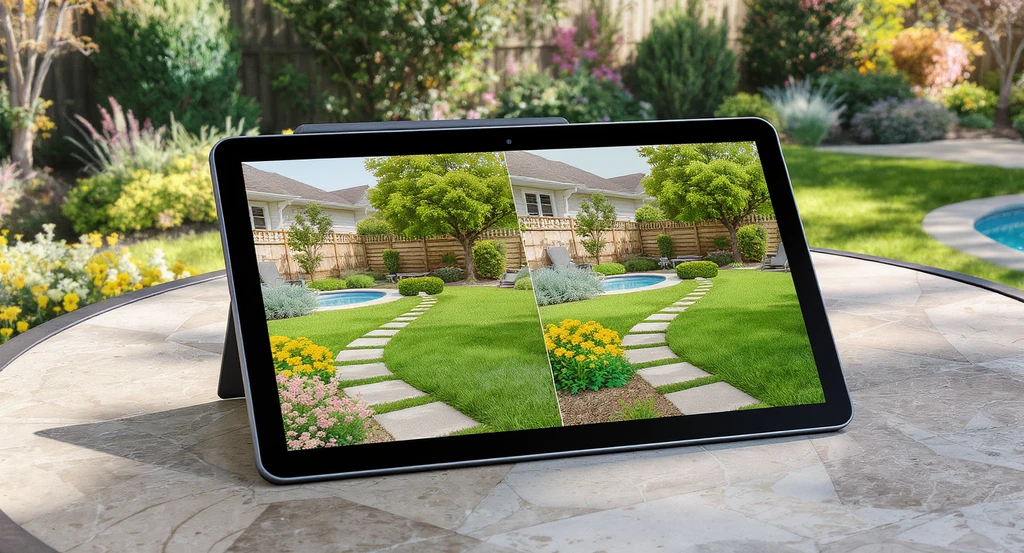 Photo-realistic setup of a backyard makeover with native plants and a pool, featuring a tablet visualizing two walkway and landscaping layouts for privacy and maintenance.