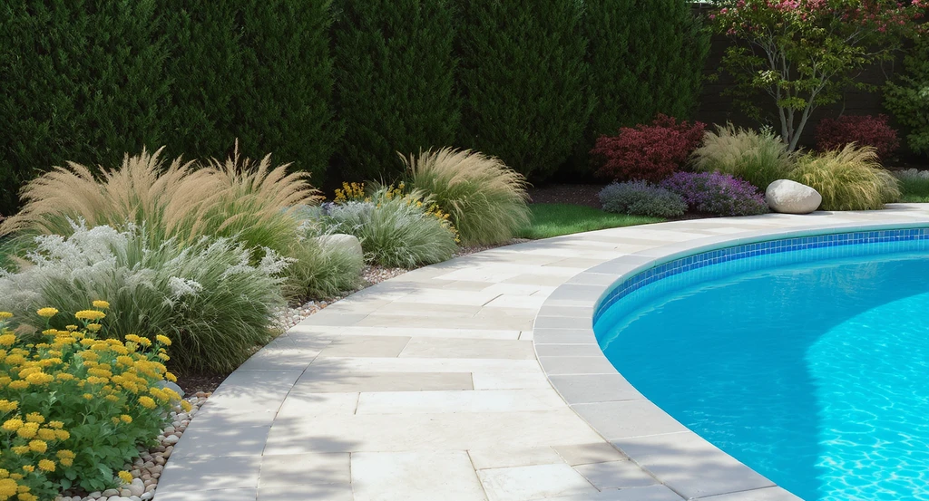 Modern backyard makeover with native plants and a pool, showing a wide, curved walkway around the pool and low maintenance landscaping for privacy.