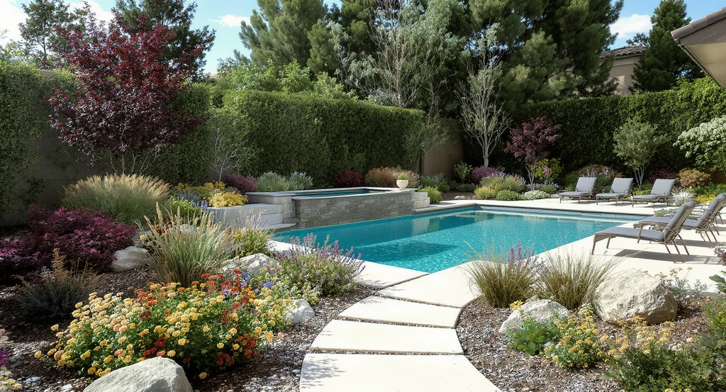 Modern backyard makeover with native plants and a rectangular pool, featuring a stone walkway, dense privacy hedges, and low-maintenance landscaping.