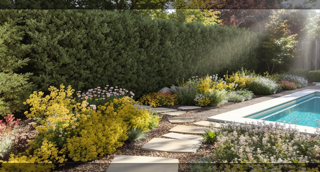 Layered native plantings including shrubs, perennials, and groundcovers form drifts beside a modern pool and walkway in a backyard makeover with native plants and pool, illustrating the best native plants for backyard landscaping and backyard privacy ideas with landscaping for low maintenance design.