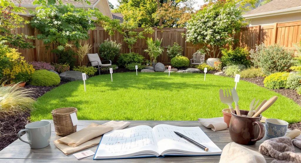 A bare suburban backyard awaiting makeover, with pool and walkway plans, native plants, and landscaping materials ready for a transformation.