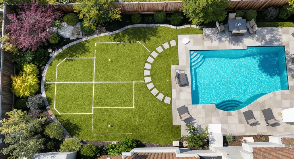 Photorealistic backyard makeover with native plants and pool, showing sketched zones, a walkway around a pool, and native beds for low maintenance landscaping.