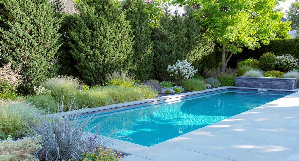Backyard makeover with native plants and pool featuring a walkway around a pool, dense privacy plantings of evergreens and grasses along the fence, illustrating best backyard privacy ideas with low maintenance landscaping.