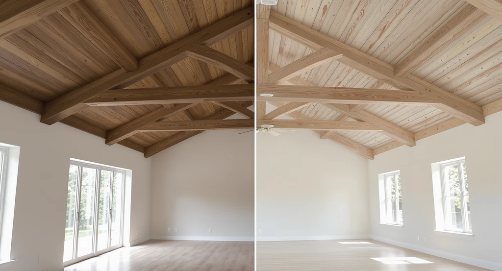 Living room with split ceiling showing solid wood vs faux beams for renovations, highlighting how to choose ceiling beams for remodel and avoid renovation regret.