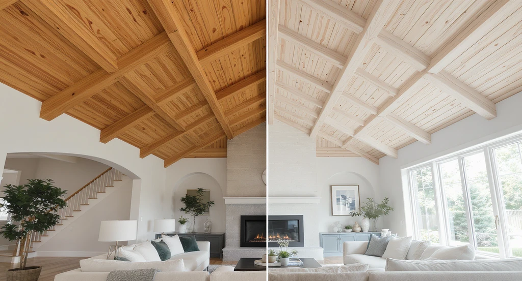 Sunlit living room with vaulted ceiling showing a side-by-side comparison of solid wood vs faux beams for renovations and how to choose ceiling beams for remodels, helping prevent renovation regret in wood beam decisions.