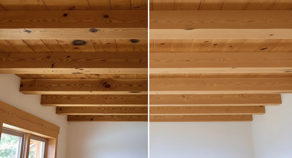 Side-by-side ceiling view of solid wood vs faux beams in a remodel, showing how to choose ceiling beams and avoid renovation regret.