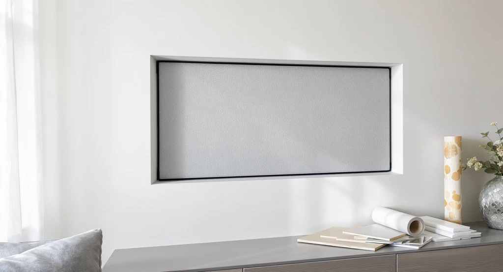 Realistic example of how to cover interior cutouts without tools using friction-fit solutions—acoustic felt panel in a wall, edge padding, and room divider options displayed nearby.