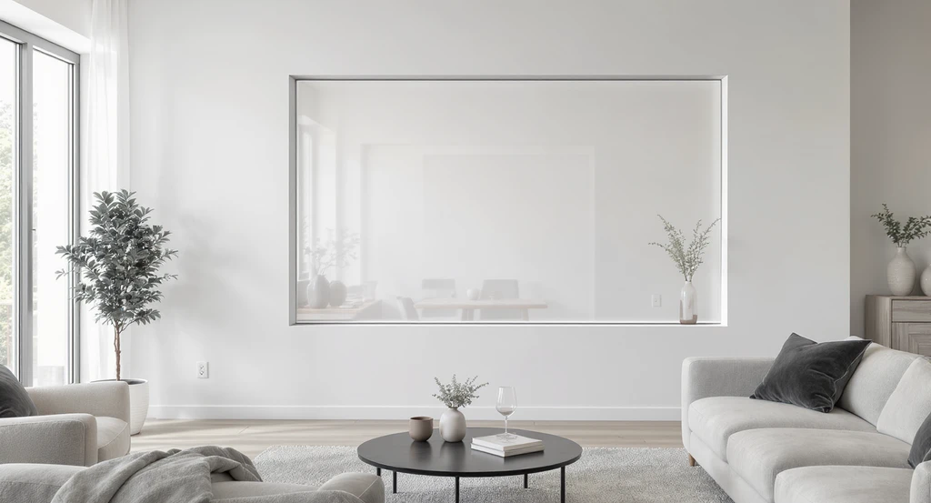 How to cover interior cutouts without tools: a realistic living room with a friction-fit acrylic panel sealing a wide wall cutout, demonstrating the best tool-less room divider solution for home gaps.
