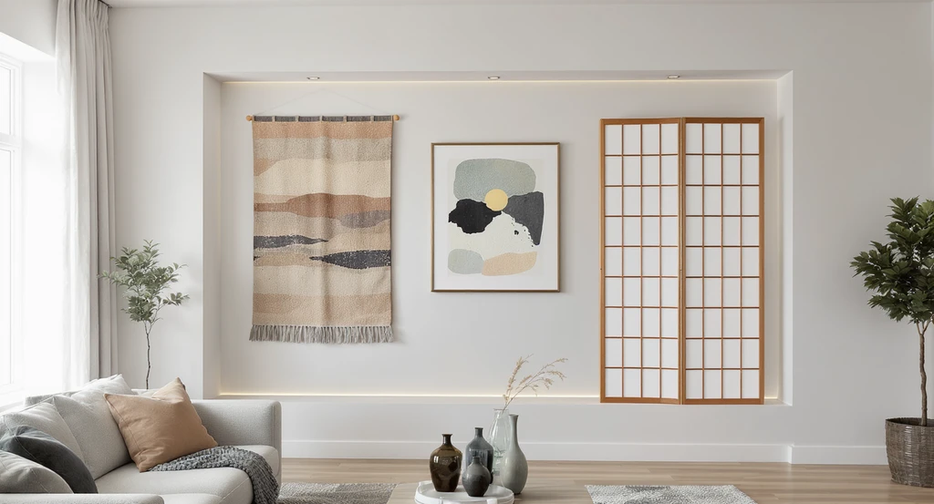 Modern living room showing tool-less methods to cover interior cutouts: a tapestry hung with removable hooks, a Shoji screen fitted in place, and framed art on peel-and-stick hooks, visualizing how to cover interior cutouts without tools and offering friction-fit solutions for home gaps.