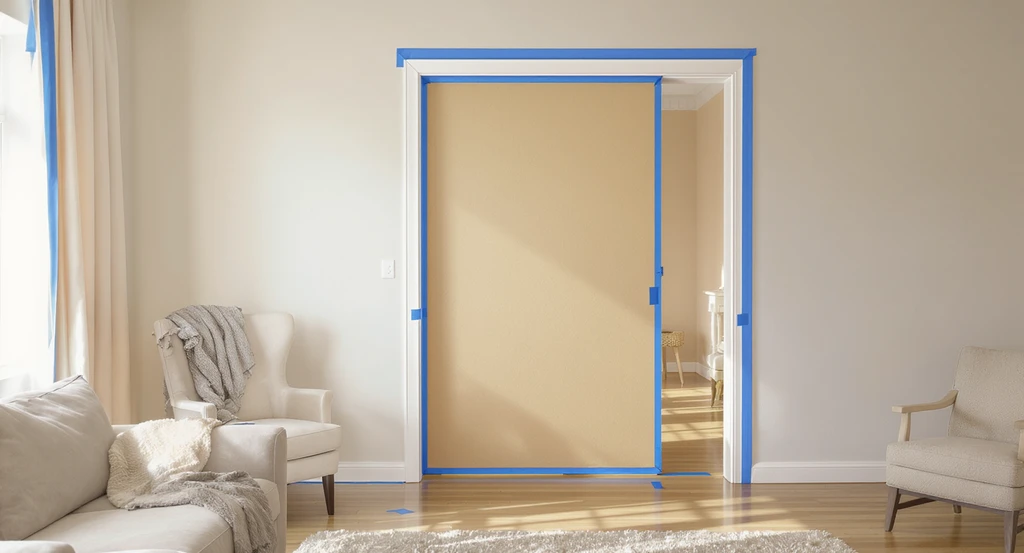 Photorealistic room showing how to cover interior cutouts without tools using visualization tips for tool-less room dividers; best friction-fit solutions for home gaps demonstrated with painter’s tape and a cardboard sheet.