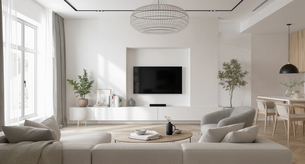 Modern living room with a white friction-fit panel covering a rectangular wall cutout, showing how to cover interior cutouts without tools for best friction-fit solutions.