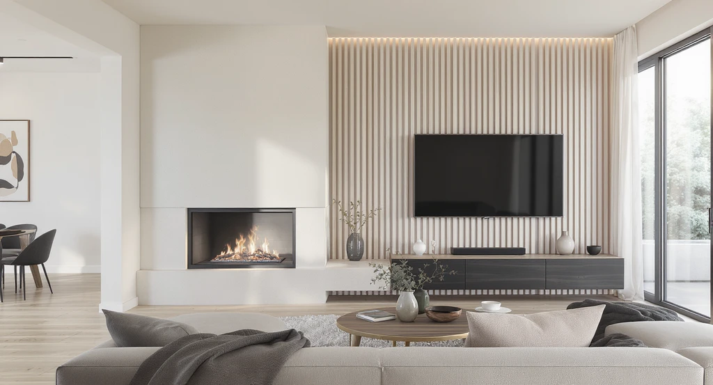 Modern living room designed using ai tool for living room makeover, illustrating how to visualize room changes with ai for fireplace wall designs, featuring a left-third fireplace stack and slat wall, showcasing virtual staging for modern living spaces.