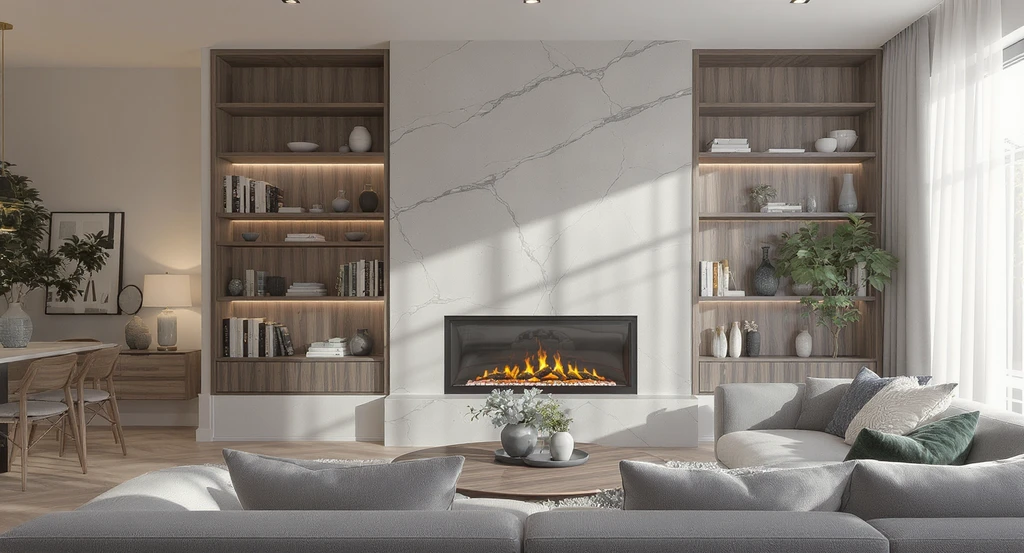 Modern living room makeover using AI tools for wall corrections, accurate fireplace wall design, and custom virtual staging with precise scale and proportion.