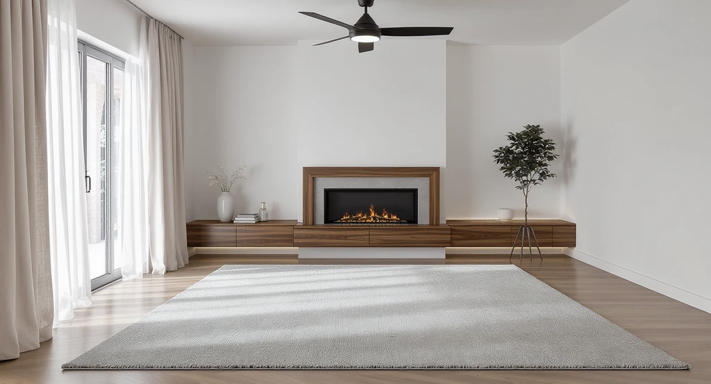 Photorealistic living room with modern ceiling fan centered over area rug, walnut fireplace and hearth, under-cabinet lighting, and anchored curtains—showing ai tool for living room makeover, virtual staging, and custom fireplace wall design accuracy using ai.