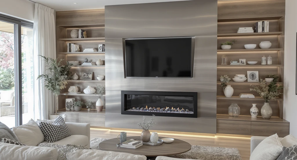 Ultra-realistic modern living room makeover showing a misaligned custom fireplace wall, highlighting how ai tool for living room makeover, virtual staging, and reference photo ai can prevent design and scale mistakes.