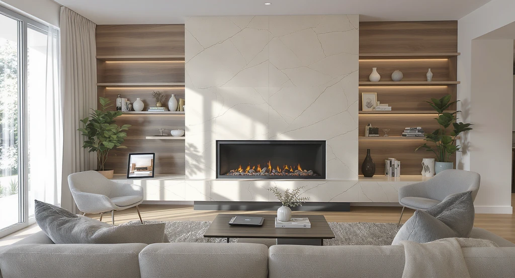 Photorealistic living room with a custom fireplace wall, side-by-side with a tablet displaying a reference photo, demonstrating ai tool for living room makeover and how to visualize room changes with ai for modern spaces.