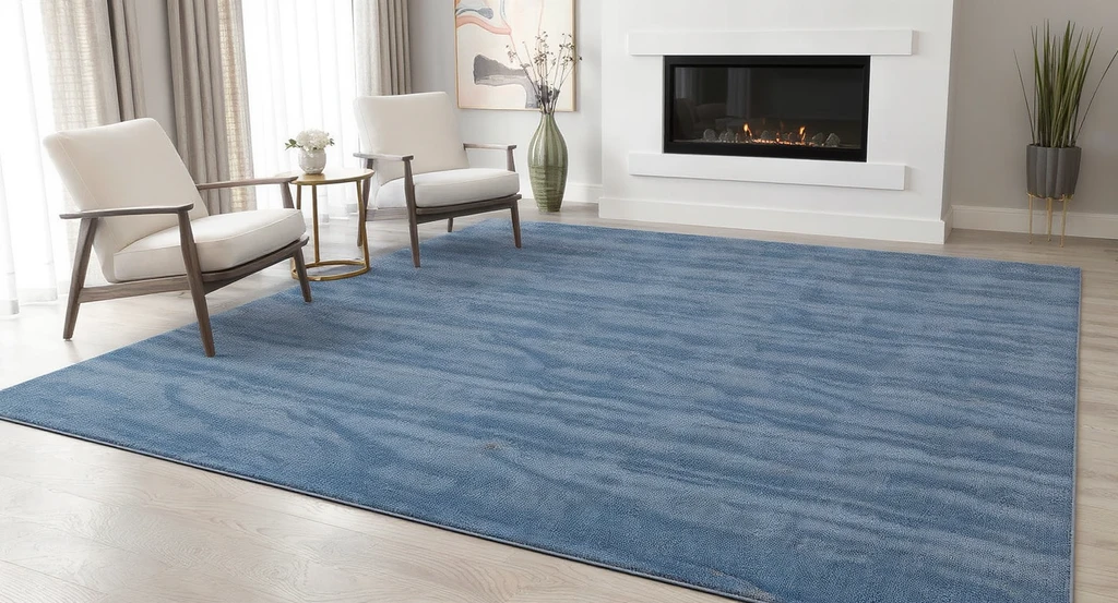Photorealistic living room makeover using ai tool, showing a blue area rug placed 1 foot from the fireplace and 6 inches from the wall for accurate rug positioning.