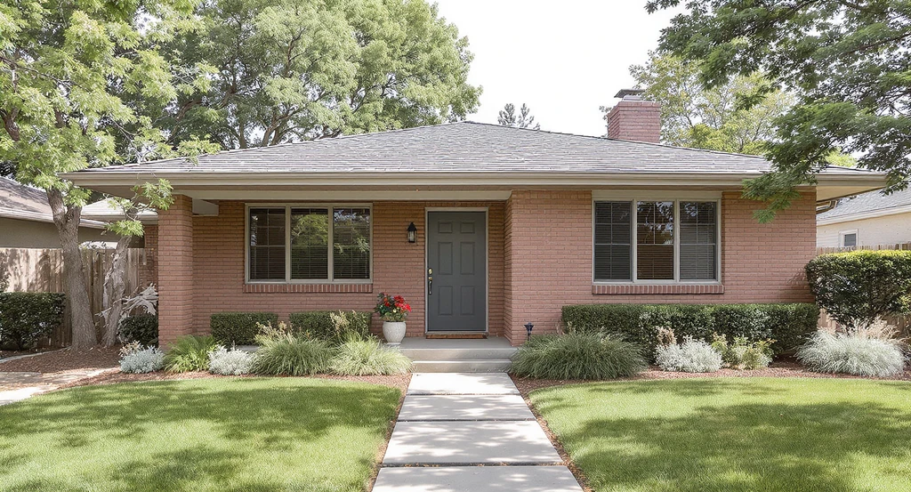 Modernize 80s ranch house exterior design showing updated brick on ranch style home with a new front door, best landscaping ideas for curb appeal, and a clean large slab paver walkway vs concrete, enhancing exterior without losing character.