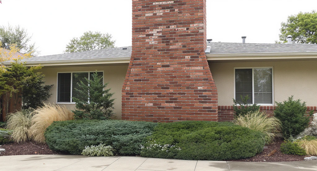 Modernize 80s ranch house exterior design by updating brick on ranch style home with a herringbone chimney, vibrant landscaping, and a large slab paver walkway for superior curb appeal without sacrificing character.