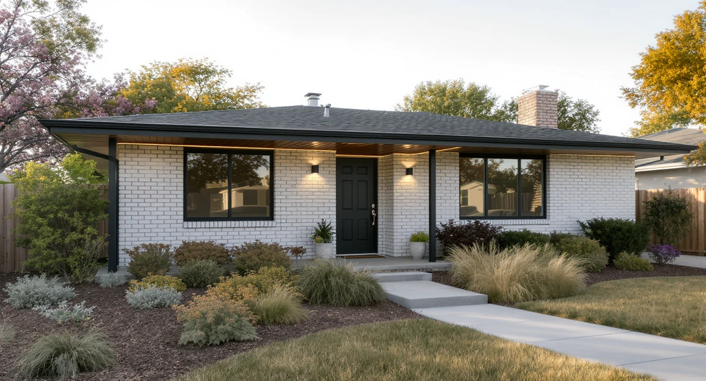 Modernize 80s ranch house exterior design with white brick, black trim, updated windows, modern landscaping, and slab paver walkway for stunning curb appeal.