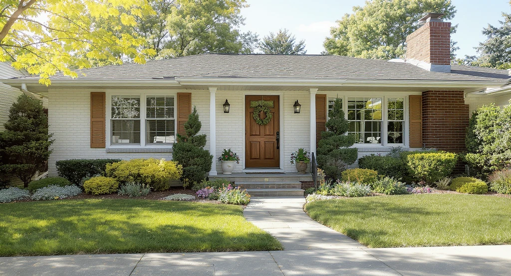 Modernize 80s ranch house exterior design with painted brick in soft cream, large slab paver walkway vs concrete, and best landscaping ideas for curb appeal.