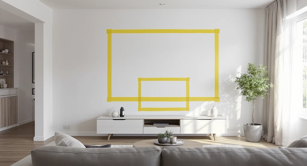Photorealistic living room showing taped outlines for different TV sizes on a wall above a media console to visualize TV placement and proportions.