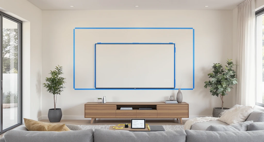 Realistic living room showing painter’s tape outlines for various TV sizes on the wall, with a TV mount, measuring tape, and tablet displaying TV dimensions to demonstrate how to visualize TV size on a wall using practical tools for imagining TV placement. Clean, modern space illustrates tips for visualizing furniture changes before buying or mounting a television.