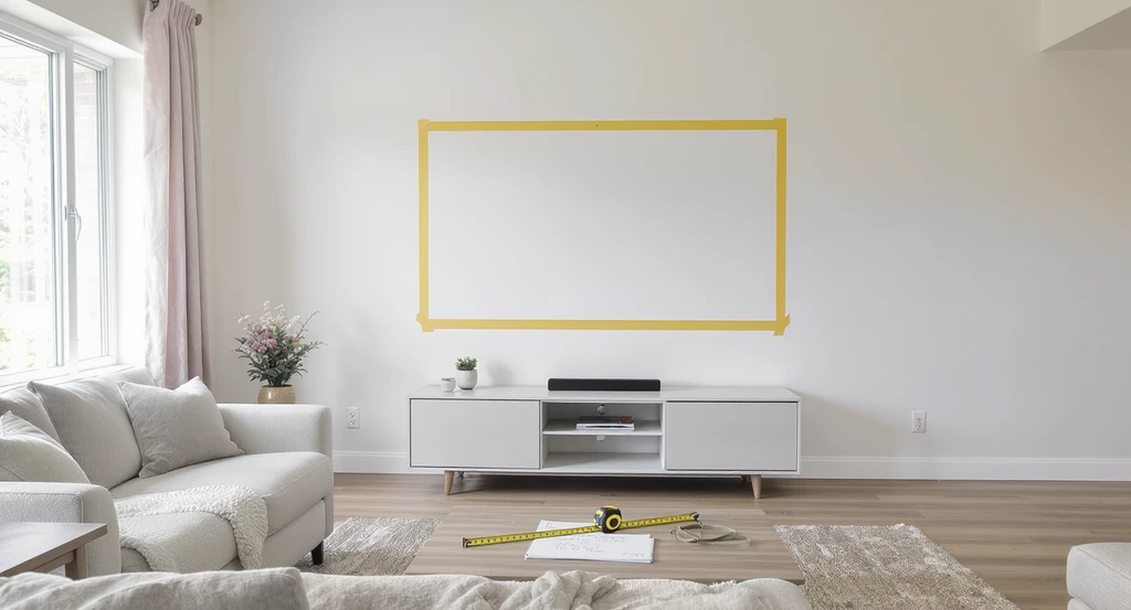 Modern living room with painter’s tape marking TV size on the wall, tape measure, open notepad with dimensions, clear walkways, and unobstructed outlets—showing how to visualize TV size and placement before buying or mounting.