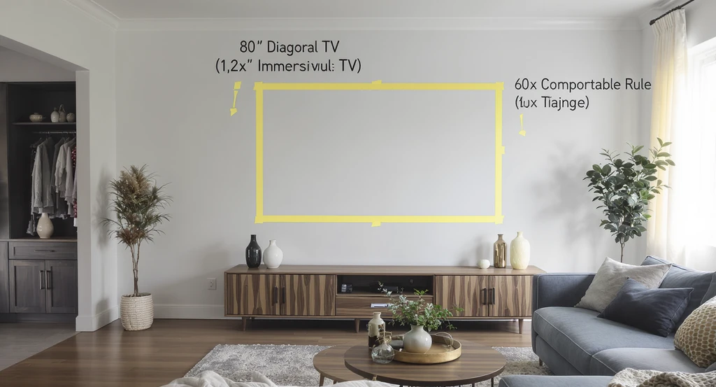 How to visualize TV size on wall: modern living room with tape outlines for two TV sizes, sofa 8 feet away, and tape measure for imagining TV placement.