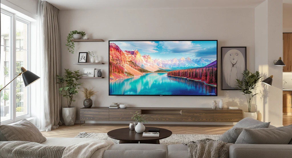 Photorealistic living room shows how to visualize TV size on wall, with a large flat-screen TV nearly touching both edges and tips for imagining TV placement.