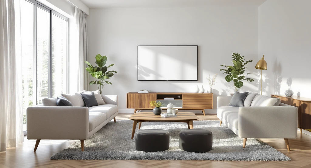 Editorial-quality photo of a modern living room arranged with best living room layout ideas, showing how to arrange furniture for small spaces.