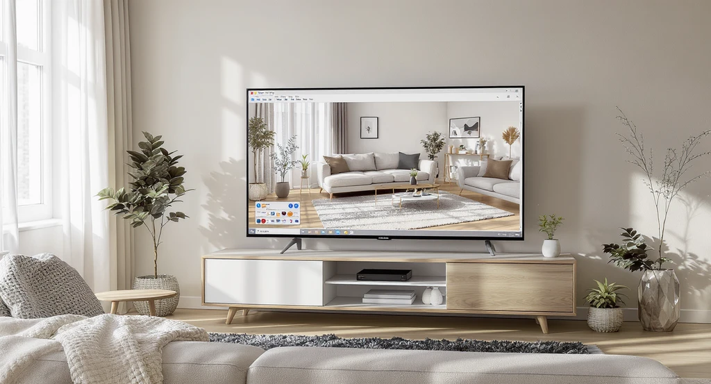 Modern living room with a TV displaying a 3D room layout preview, illustrating best living room layout ideas and how to arrange furniture in living room for small spaces.