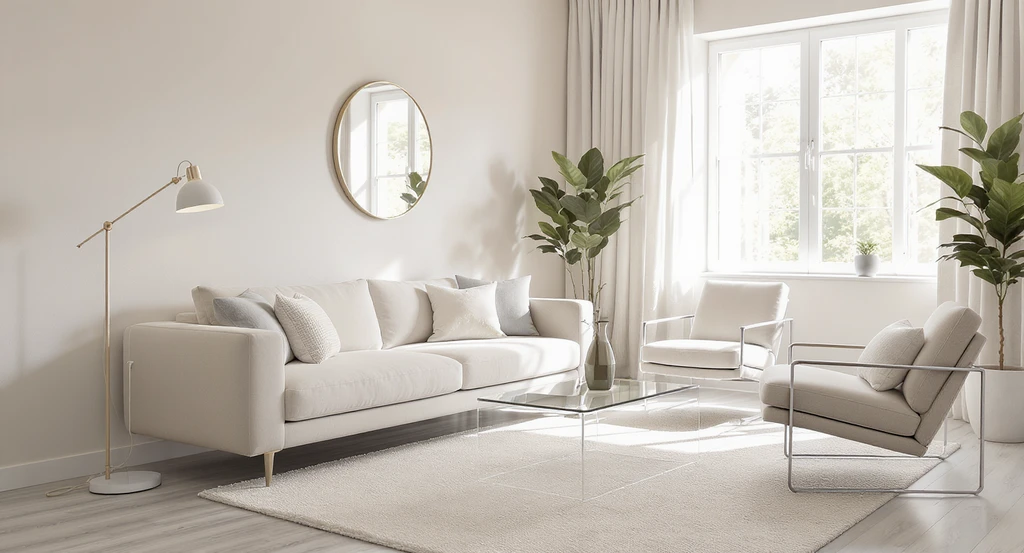 Best living room layout ideas for small spaces showing how to arrange furniture in living room: slender sofa, floating chairs, mirrored wall, and light colors.