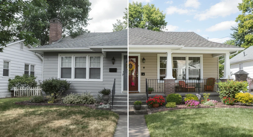 Affordable curb appeal makeover ideas for how to make an ugly house exterior cute, with best exterior color combinations, landscaping, and a new front porch.