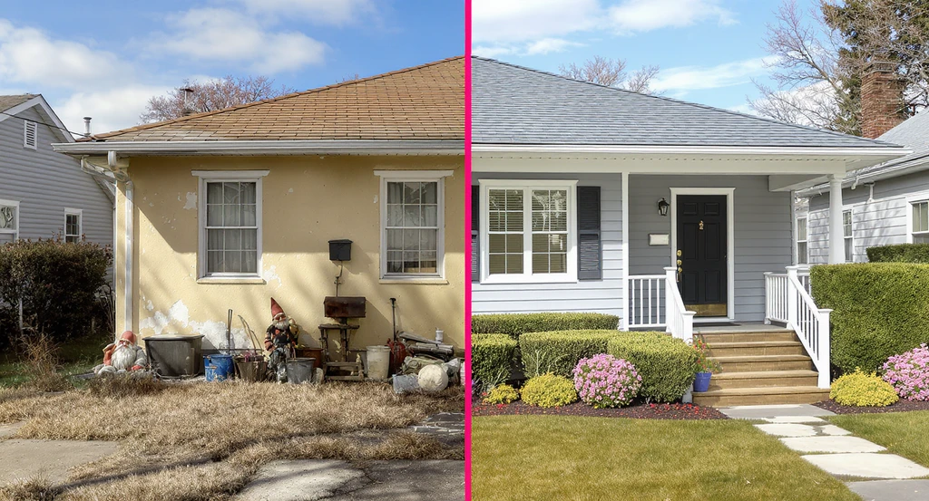 Side-by-side comparison of a dated house exterior and an upgraded version showing how to make an ugly house exterior cute using affordable curb appeal makeover ideas, the best exterior color combinations for resale, and landscaping, illustrating whether you should add a front porch for increased home value.