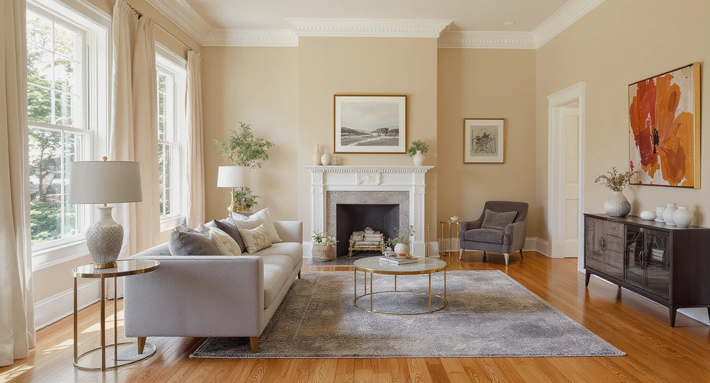 A beautifully updated living room showing how to decorate an empty space, fill awkward wall areas, and furnish a large open room to feel cozy and inviting.