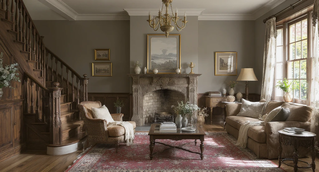 Photorealistic living room showing how to decorate an empty living room and fill awkward wall spaces, preserving hardwood floors, fireplace, and windows while updating walls, lighting, and furnishings for cozy appeal.