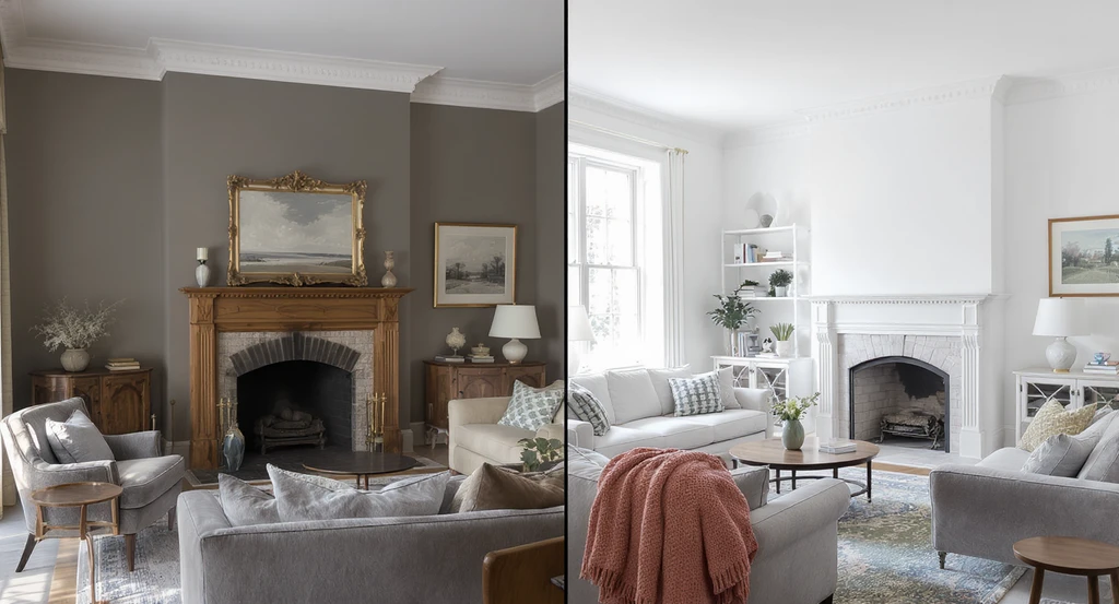 A digitally rendered living room visualization compares gray walls with natural woodwork versus a minimal version, showing ideas for filling awkward empty wall spaces and making an empty room feel cozy.